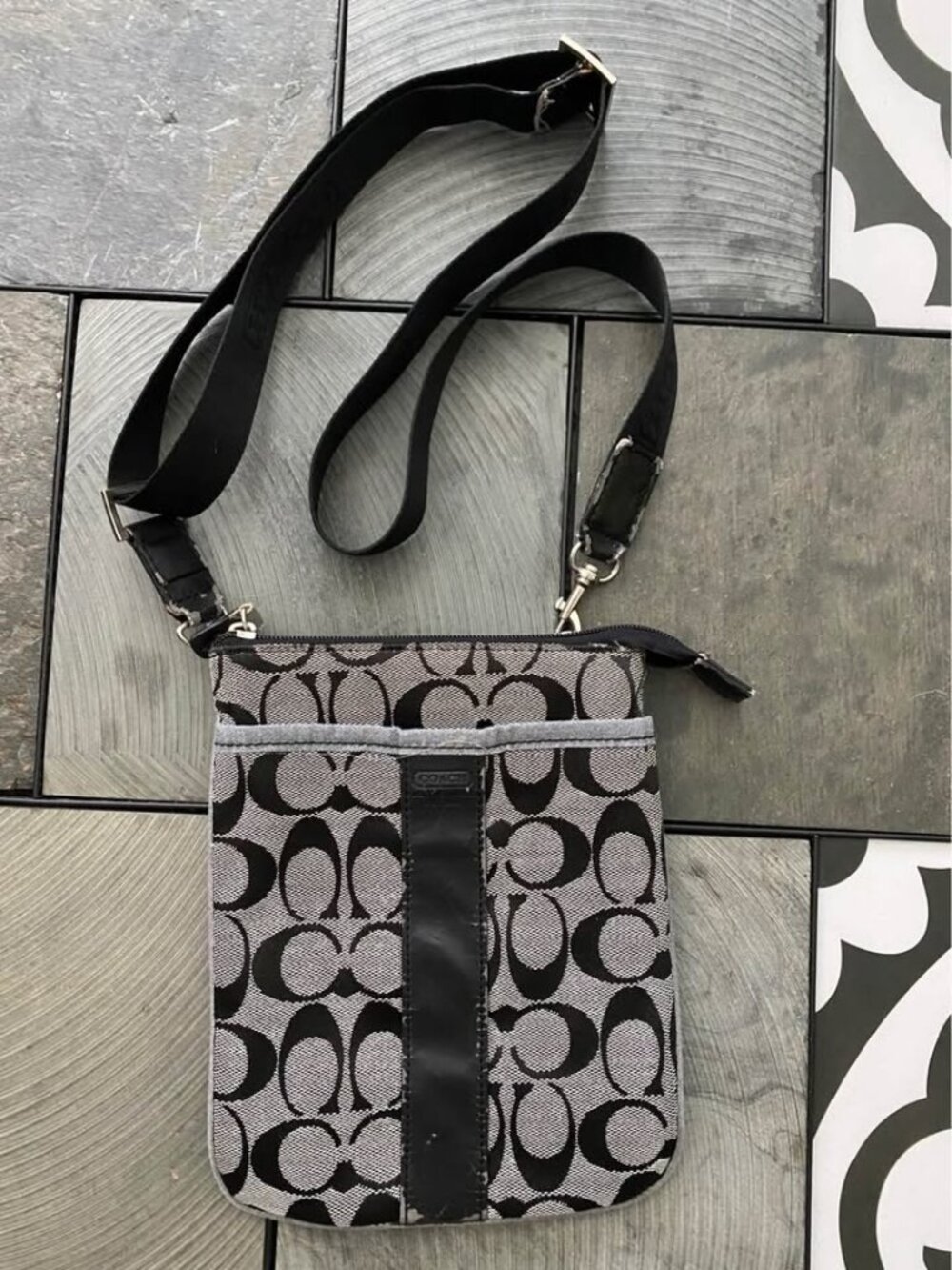 Coach Signature Jacquard North-South Swing Bag Crossbody Black Gray Purse